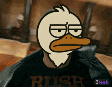 a cartoon duck is wearing a black rush shirt