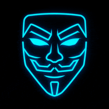 a glowing blue anonymous mask with a mustache on a black background