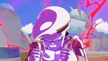 a cartoon character with a purple helmet and a purple face