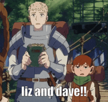 a man in armor holding a book next to a boy with the words " liz and dave " on the bottom