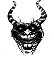 a black and white drawing of a troll face with horns and glowing eyes .