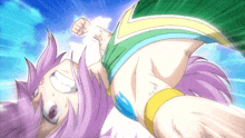 a girl with purple hair is laying on her back with her fist up