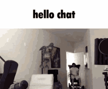 a man is sitting in a chair in a living room with a statue of a bird on the wall .