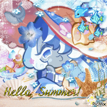 a picture of a girl wearing a hat with the words hello summer