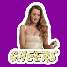 a cheers sticker with a woman in a white dress on a purple background