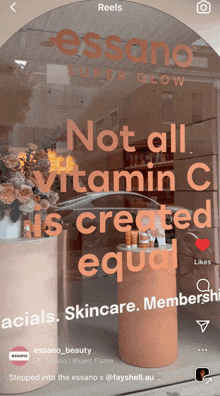 an advertisement for essano super glow that says not all vitamin c is created equa