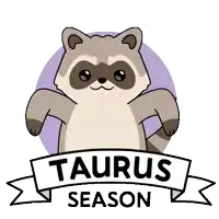 a cartoon raccoon is standing in front of a banner that says taurus season
