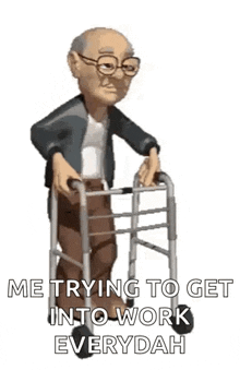 an elderly man is using a walker to get into work .