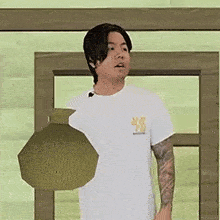 a man with a tattoo on his arm is wearing a white t-shirt with the number 49 on it .
