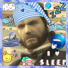 a man with a beard wearing a sleep cap is surrounded by various cartoon characters and the words i love sleep
