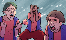 a cartoon of three people screaming with one holding a spoon in his hand