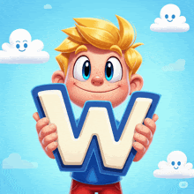 a cartoon boy is holding a letter w in his hands