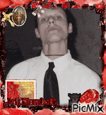 a picture of a man in a white shirt and black tie is surrounded by red decorations and says picmix