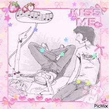 a drawing of a man and a woman with the words kiss me on the bottom