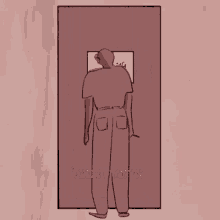 a drawing of a man standing in front of an open door with a sign that says gas 1/2 on it