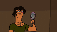 a cartoon character is looking at himself in a hand mirror