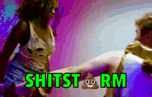 a woman is standing next to a pile of poop with the words shitstorm written above her