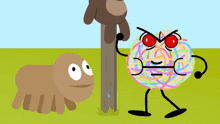 a cartoon drawing of a spider and a ball of yarn with red eyes
