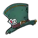 a green top hat with playing cards on it .