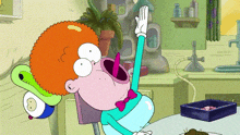 a cartoon character with a red hair and a bow tie is giving a high five