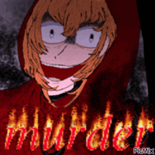 a drawing of a girl with a red hoodie and the word murder in flames