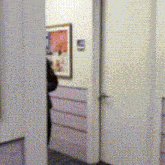 a person standing in a hallway looking at a picture on the wall