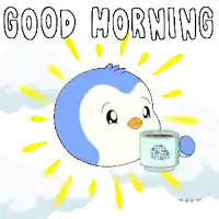 a cartoon of a penguin drinking a cup of coffee with the words " good morning " above it