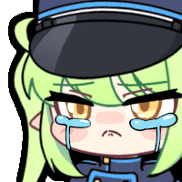 a cartoon character with green hair and a hat is crying with tears coming out of her eyes .