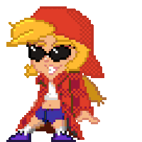 pixel art of a girl wearing sunglasses and a red hood