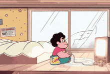 a cartoon character is sitting on the floor playing a video game and looking out a window