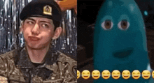 a man in a military uniform is making a funny face next to a cartoon character with smiley faces .