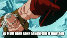 a cartoon character is flying through the air with a caption that says ya plum done gone danone did it now son .