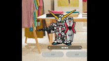 a cartoon of a robot with a shield and a gun in a clothing store