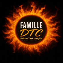 a logo for famille dtc delirium the contagion is surrounded by flames