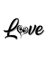 a black and white illustration of the word love with paw prints in the shape of a heart .