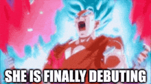 a screenshot of a dragon ball z cartoon with the words `` she is finally debuting '' .