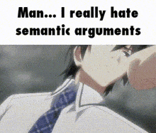 a man in a suit and tie is making a funny face while talking about semantic arguments .