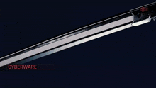 a close up of a sword with the word cyberware on the bottom