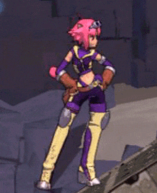 a cartoon character with pink hair and purple pants is standing on a ledge