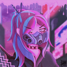 a drawing of a girl wearing a gas mask and holding a sword