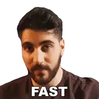 a man with a beard has the word fast written on his chest