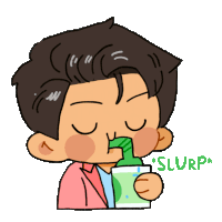 a cartoon drawing of a man drinking a green liquid with the word slurp next to him