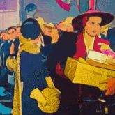 a woman in a red hat holds a yellow box in her hand