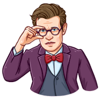 a cartoon of a man in a suit and bow tie holding his hand to his eye