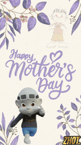 a happy mother 's day card with a cartoon character and purple leaves