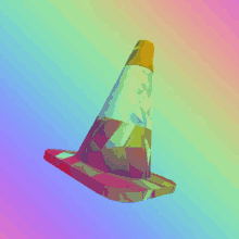a red and clear traffic cone against a blue and pink background