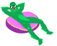 a cartoon of a green monster laying on a pink float