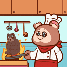 a cartoon illustration of a bear wearing a chef 's hat and apron cooking