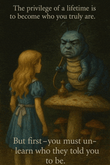 a painting of alice and the caterpillar with the caption " the privilege of a lifetime is to become who you truly are