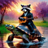 a painting of a raccoon playing a guitar while riding a turtle